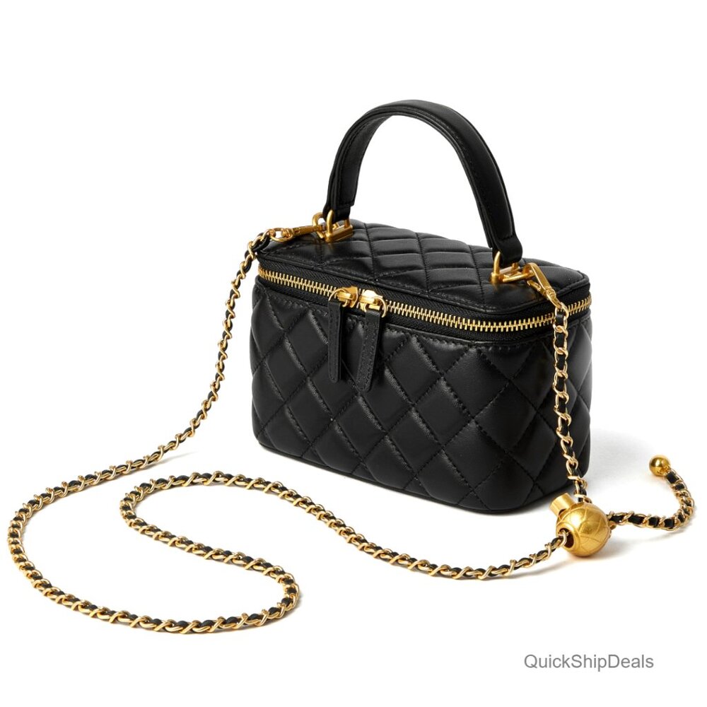 Small Quilted Leather Crossbody Bag With Chain Strap Mini Top Handle Purse - Picture 1 of 7